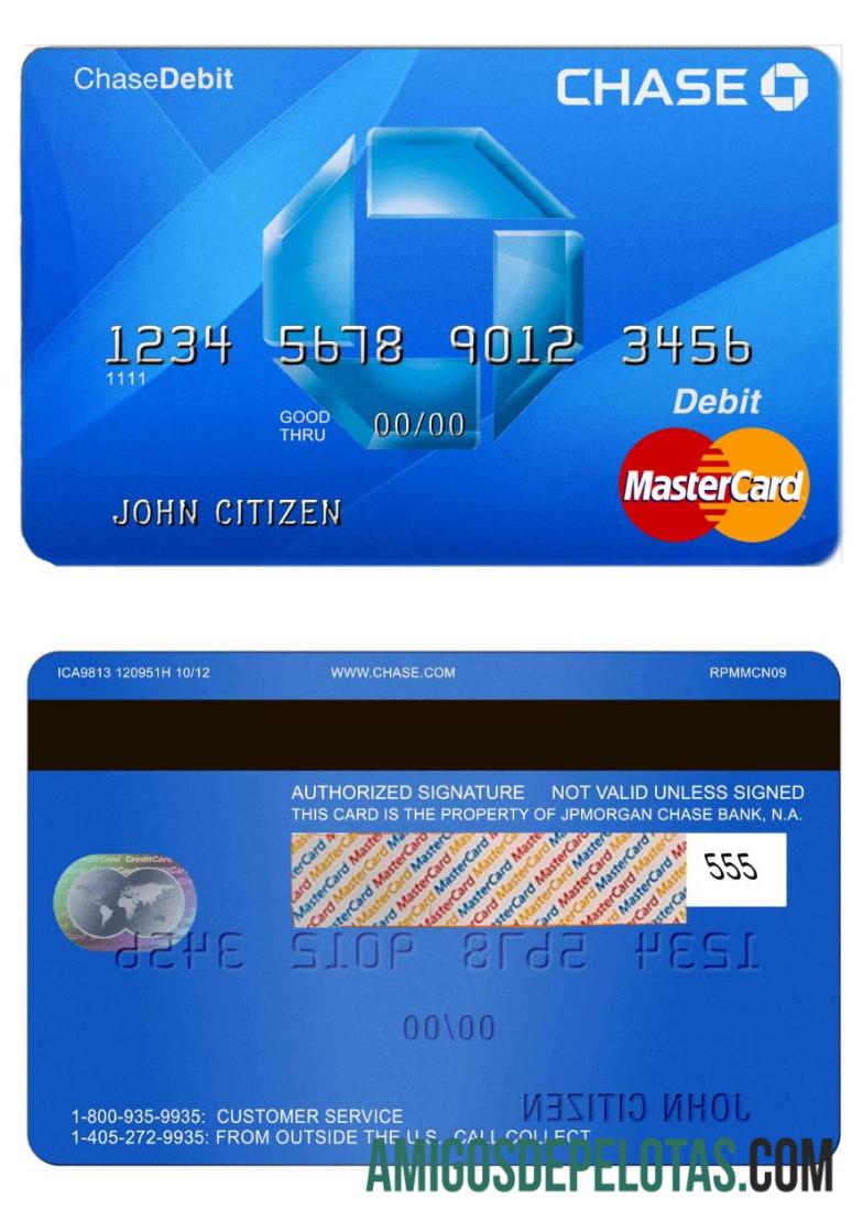 Cartão de débito MasterCard do Chase Bank dos EUA amostra